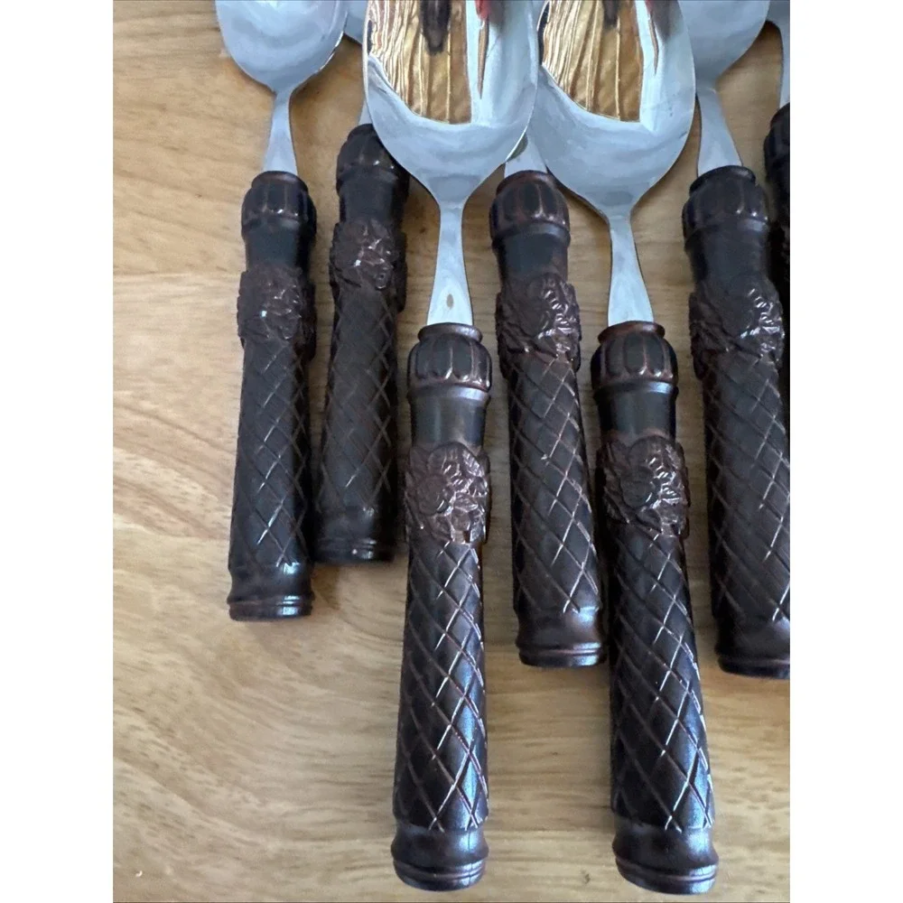 Tracy Porter Tiki Bamboo Resin Flatware Brown Tropical Stainless 21 Piece Set